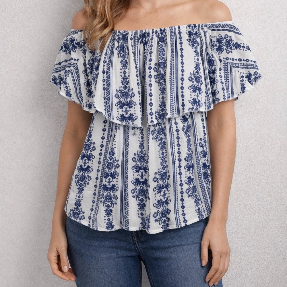 Persaya Girl Off Shoulder Boho Top XL Blue White Floral NWT